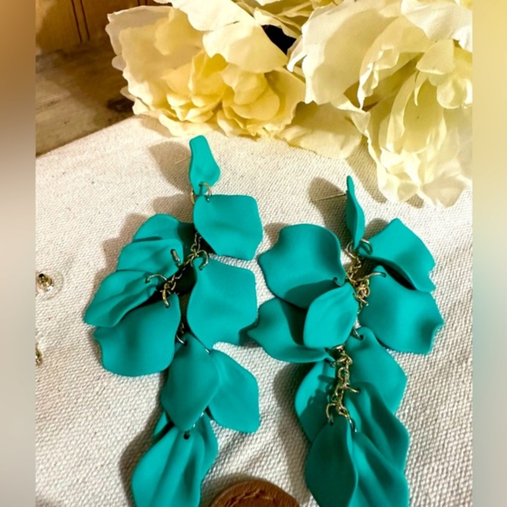 Dangle cascading  Zara's teal Drop petal Earrings gold hardware